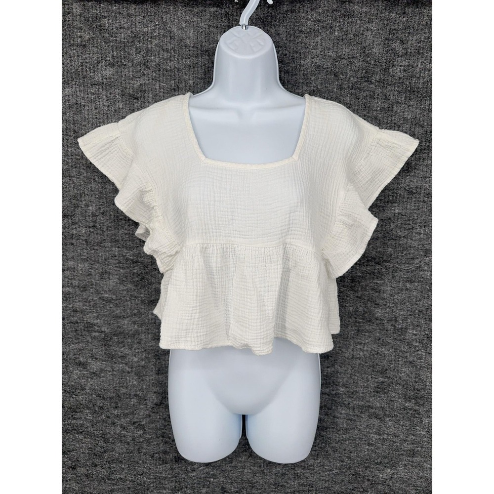 Charlotte Avery Blouse Womens S White Square Neck Flutter Sleeve Cropped Top